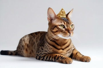 Beautiful Bengal Cat In Gold Crown On White Background. Generative AI