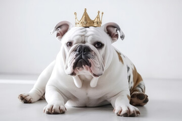 Beautiful Bulldog Dog In Gold Crown On White Background. Generative AI