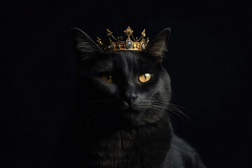 Beautiful Cat In Gold Crown On Matte Black Background. Generative AI