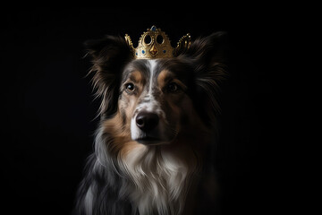 Beautiful Dog With Gold Crown On Matte Black Background. Generative AI