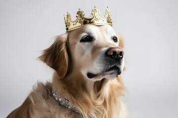Beautiful Dog In Gold Crown On White Background. Generative AI