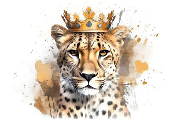 Beautiful Cheetah In Gold Crown On White Background. Watercolour. Generative AI