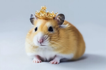 Beautiful Hamster In Gold Crown On White Background. Generative AI