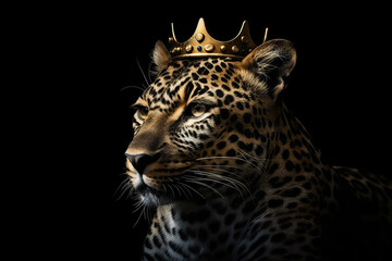 Beautiful Leopard In Gold Crown On Matte Black Background. Generative AI