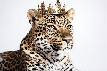 Beautiful Leopard In Gold Crown On White Background. Generative AI