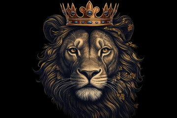 Beautiful Lion In Gold Crown On Matte Black Background. Generative AI