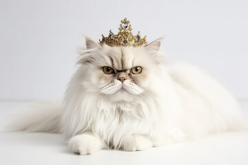 Beautiful Persian Cat In Gold Crown On White Background. Generative AI