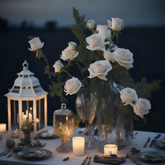 still life with candles and flowers wedding table decoration,, AI generated 