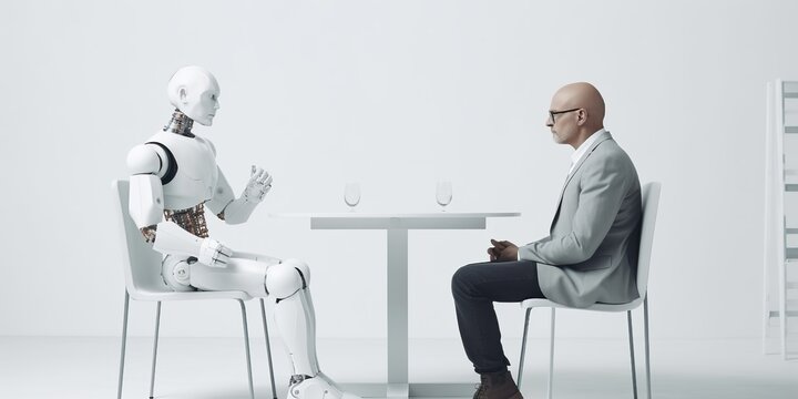 Man with white robot sitting an interview. Generative AI