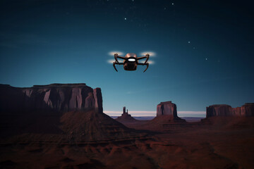 A flying drone in Monument Valley, created with generative AI tools.