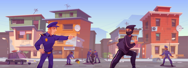 Police on poor ghetto street catching thief cartoon vector background. Policeman in dirty slum india neighborhood area. Ruined and destruction criminal town alley exterior game illustration. - obrazy, fototapety, plakaty