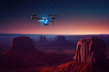 Fototapeta na wymiar A flying drone in Monument Valley, created with generative AI tools.