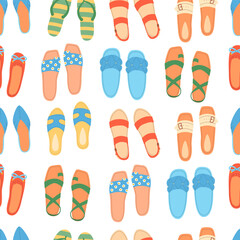 Seamless pattern of colorful hand drawn summer shoes in flat vector style. Print design for children apparel, textile, wallpaper, packaging