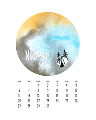 Calendar November 2023 with watercolor circle background. Vector illustration