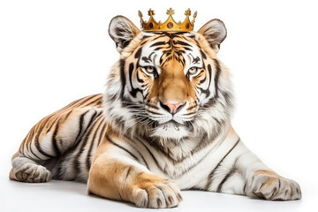 Fototapeta na wymiar Beautiful Siberian Tiger In Gold Crown On White Background. Generative AI