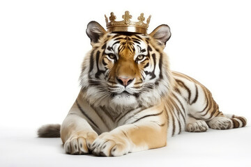 Obraz premium Beautiful Siberian Tiger In Gold Crown On White Background. Generative AI