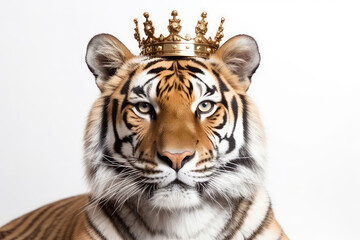 Beautiful Tiger In Gold Crown On White Background. Generative AI