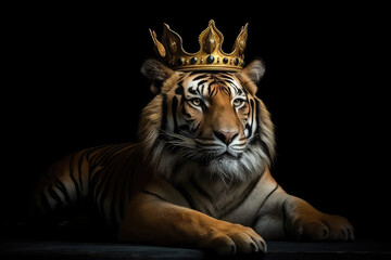 Fototapeta premium Beautiful Tiger In Gold Crown On Matte Black Background. Generative AI