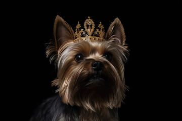 Naklejka premium Beautiful Yorkshire Terrier Dog In Gold Crown On Matte Black Background. Generative AI