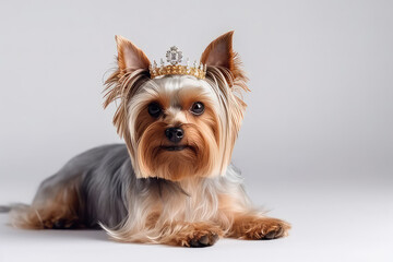 Beautiful Yorkshire Terrier Dog In Gold Crown On White Background. Generative AI