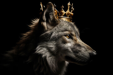 Beautiful Wolf In Gold Crown On Matte Black Background. Generative AI