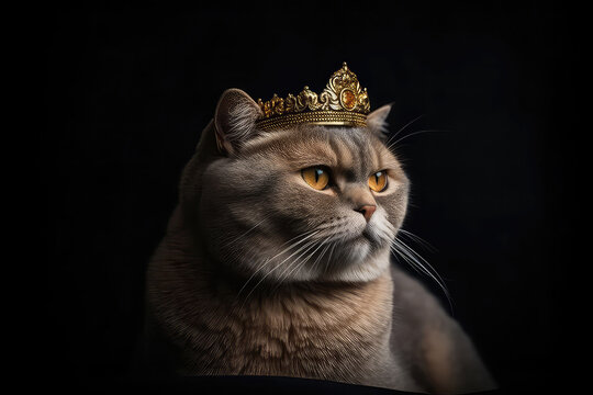 Beautiful Scottish Fold Cat In Gold Crown On Matte Black Background. Generative AI