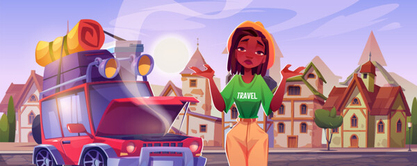 Old city street road with broken car and disappointed woman cartoon illustration. Vehicle breakdown with smoke from motor in hood on european village cityscape scene. Female black character needs help