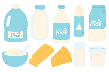 Set of dairy products in a flat style. Vector illustration. Hand drawn collection of milk.