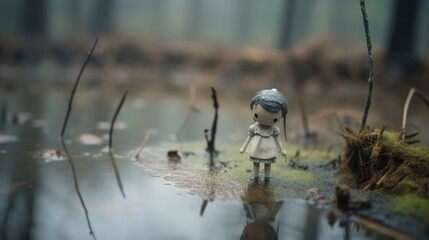 Miserable creepy toy doll standing in wet and muddy swamp, misty and dreary day all lost and abandoned, difficult life to live in depressing circumstances with no hope - generative ai  