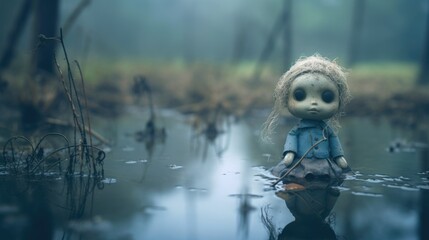 Miserable creepy toy doll standing in wet and muddy swamp, misty and dreary day all lost and abandoned, difficult life to live in depressing circumstances with no hope - generative ai  