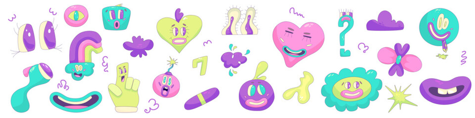 Psychedelic Character Funny set Face smile. Craetive comic trippy character cartoon graphic. Comic funny emotions. Vector illustration