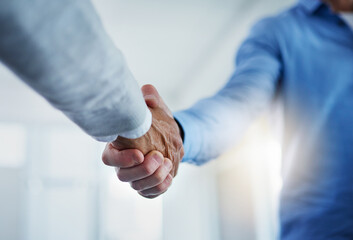 Business people, partner and handshake in meeting, insurance agent welcome and introduction, agreement and success. Professional men or clients shaking hands for agency, interview or partnership deal