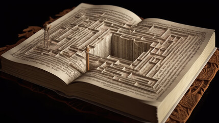 Opened old book with yellow brown pages and cut square maze with hole at center of book. Story on book pages. AI generative