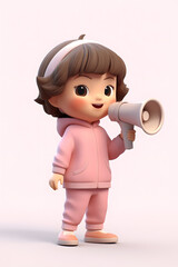 3D rendering of a child with a megaphone in hand, a student giving a speech illustration