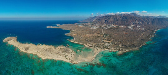 Aerial panorama of Elafonissi beach at the island of Crete, Greece.