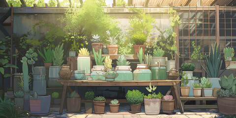 Fototapeta premium anime cartoon green garden growing plants, generated ai, generated, ai