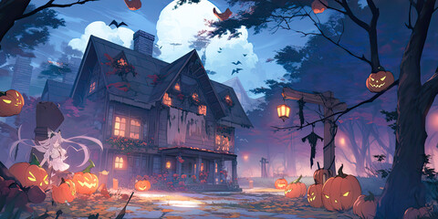 Haunted house halloween background banner scary spooky lanterns, generated ai