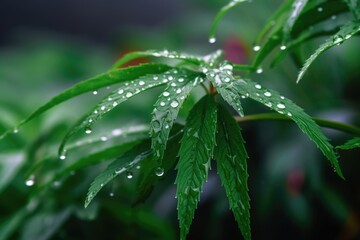 Fototapeta na wymiar rain drops on a hemp leaf