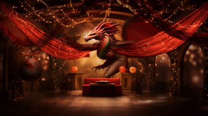 Interior decorated with dragon motifs. Xmas decorations. 2024 Christmas party interior. Generated AI
