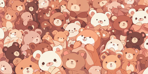 Cute teddy bear background full of little bears banner cartoon anime style, Generated AI