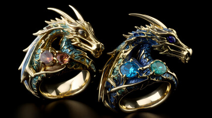 Dragon shaped rings for couple on the black background. Jewelry design. Generated AI