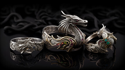 Dragon shaped rings on the black background. Jewelry design