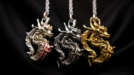Necklace with dragon on black background. Dragon shaped jewelry. Generated AI