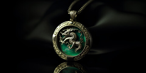 Necklace with dragon motives and emerald on the green background. Copy space. Generated AI