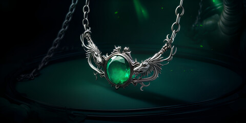 Necklace with dragon motifs and emerald on the green background. Copy space. Generated AI