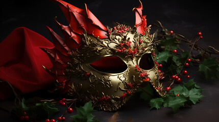Gold and red Christmas carnival mask with dragon motifs