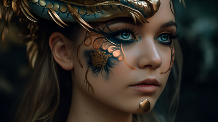 Portrait of the young beautiful woman with dragon motifs make-up in green colors