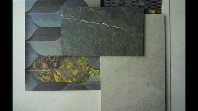 Interior design moodboard. Creating a table of material samples.