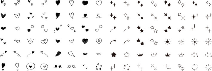 かわいい手書きの星・キラキラ・ハートのセット　ベクター　アイコン　Set of cute hand drawn stars and hearts