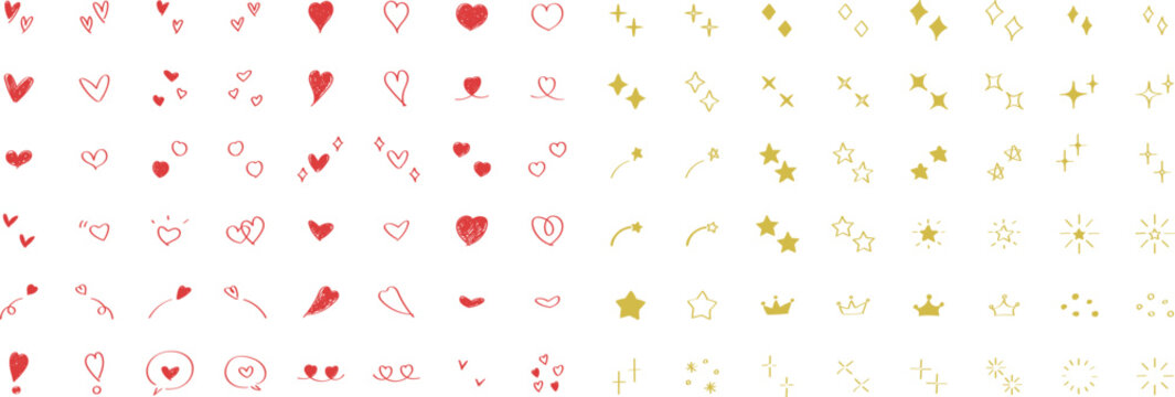 かわいい手書きの星・キラキラ・ハートのセット　ベクター　アイコン　Set of cute hand drawn stars and hearts